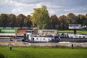 Container freighter Balance on the Rhine at Düsseldorf-Hamm, Rheinauen, North Rhine-Westphalia,