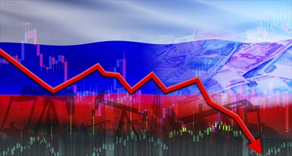 Oil crisis with Russian flag on economic graph. Oil production crisis with russian flag