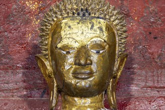 Golden Buddha statue, Bhumispara-mudra, Buddha Gautama at the moment of enlightenment, Wat Long