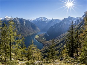 Panoramic view of the Königssee from the Archenkanzel viewpoint, autumnal forest and snow-capped