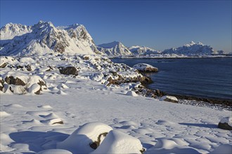 Snow-covered steep mountains on the coast, winter, Vestvagoya, Lofoten, Norway, Europe