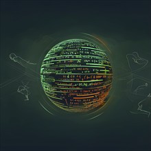 Illustration of an abstract, vibrant green colored rotating digital sphere with patterns resembling