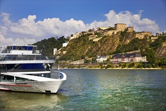 Excursion boat on the Rhine with Ehrenbreitstein Fortress, Koblenz, Rhineland-Palatinate, Germany,