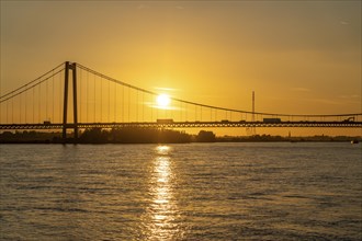 The Emmerich Rhine Bridge, federal road B220, evening light, at 803 m the longest suspension bridge