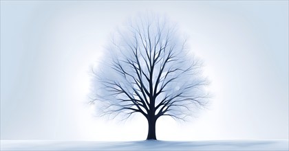 Abstract minimalist winter scene with a single, sharp silhouette of a snow-covered tree on a vast,