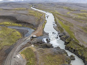 Aerial view of waterfall Gygjarfoss, Kerlingarfjöll, central highland, Iceland, Europe