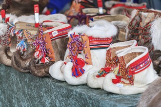 Traditional shoes made of fur, reindeer fur, Sami culture, Jokkmokk winter market, Jokkmokk,