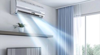 Modern energy-efficient inverter air conditioner producing cold air, AI generated