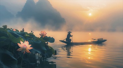 Zen Buddhist old man on a boat at sunrise on foggy morning in Chinese mountains with lotus flowers,