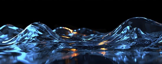 Glassy waves shimmering with vibrant reflections against a black backdrop, AI generated