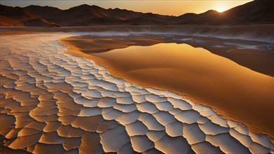 Aerial perspective of a salt and clay pan revealing the intricate patterns of its broken surface,