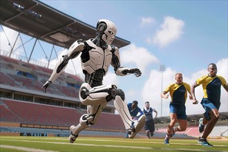 Futuristic humanoid cyborg competing with humans in a Stadium, AI generated