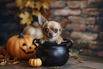 Small Chihuahua dog inside witch cauldron. Generative AI, AI generated