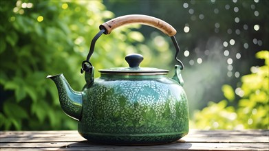 Green colored tea kettle whistling on a rustic wooden table in soft morning sunlight, AI generated