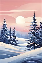 Abstract winter wonderland with minimalist stylized pine trees and snowdrifts using soft pastel