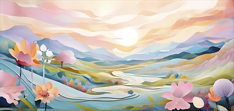 Easter-themed abstract landscape with fluid, flowing lines representing hills, flowers, and hidden