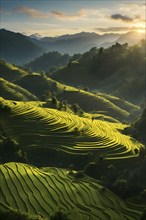 Early morning light bathes Philippines rice terraces cascading down mountain slopes, AI generated