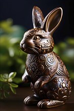 Easter bunny figurine made of chocolate, with a soft focus on intricate patterns and glossy