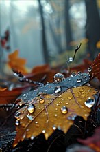 Water droplets on vibrant colored autumn leaves, AI generated