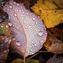 Water droplets on vibrant colored autumn leaves, AI generated