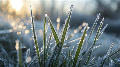 A detailed close-up of frost patterns on blades of grass on a meadow, AI generated