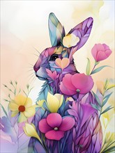 Abstract illustration of a bunny silhouette filled with a collage of spring flowers and vivid