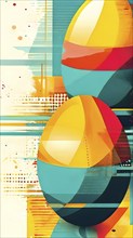 Abstract Easter egg design with geometric patterns, bold colors, and a mix of textures, creating a