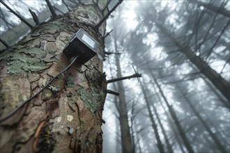 Wildlife camera, wildlife camera for observing wild animals fixed to a tree trunk in a forest, AI