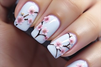 Fingernails with cherry flower nail art design. KI generiert, generiert AI generated