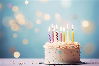 Birthday cake with candles on blue background. KI generiert, generiert, AI generated