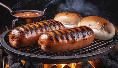 Food, dishes, two sausages on a charcoal grill with glowing charcoal, AI generated, AI generated