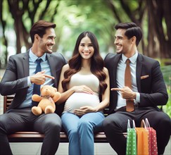 Two young men pointing at a pregnant woman, symbolic image, fatherhood, pregnancy, AI generated, AI