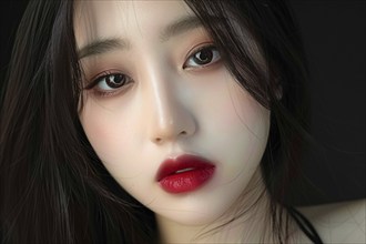 Portrait of beautiful young Asian woman with dark long hair and red lips. Generative AI, AI