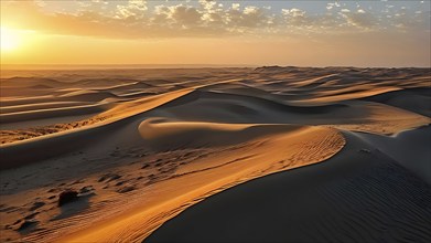 First light of dawn illuminating the endless dunes of the Sahara, AI generated