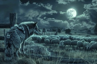 A wolf stands at a pasture fence at night under a full moon and observes a grazing flock of sheep,