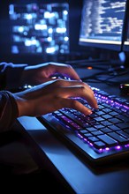 AI generated close up photo capturing hackers hands over an illuminated keyboard