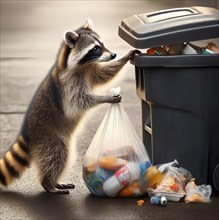 A raccoon raids a rubbish bin and stows food in a plastic bag, AI generated, AI generated