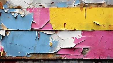 Grunge ripped torn placard posters background in white, pink, blue and yellow colors, AI generated