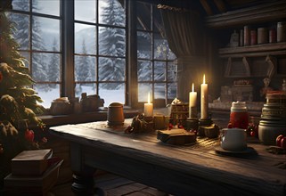 Rustic wooden table in a cabin, covered with Christmas holiday decor, AI generated