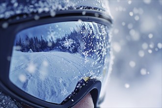 Close up of person's face with large skiing sunglasses with snow in winter. Generative Ai, AI