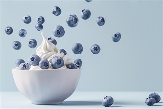 Bowl with cream and fresh blueberry fruits on blue background. Generative AI, AI generated