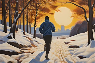 Wallpaper illustration of a jogger running through a park in winter with snow covered trees, AI