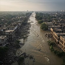 Aerial view showcases the extensive demolition within a mega city in massive water flood, AI