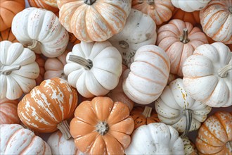 Top view of many small orange and white pumpkins. Generative Ai, AI generated