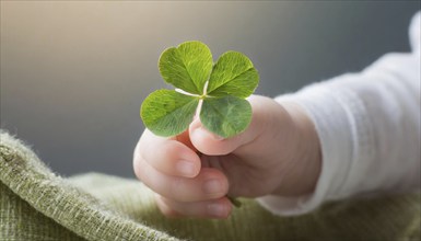 A shamrock is carefully held by a baby hand, radiating nature and happiness, AI generated, AI