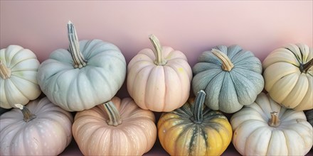 Large pastel colored pumpkins on pink background. Generative Ai, AI generated