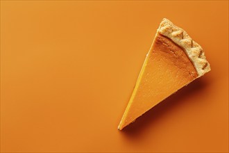 Top vie of single slice of pumpkin pie on orange background with copy space. Generative Ai, AI