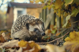 Single hedgehog in garden with autumn leaves. Generative Ai, AI generated