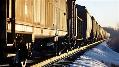 Close up of a modern freight train with reflective metallic surfaces, AI generated