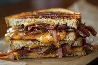 Grilled cheese sandwich with gooey cheddar, caramelized onions, and crispy bacon on toasted bread.